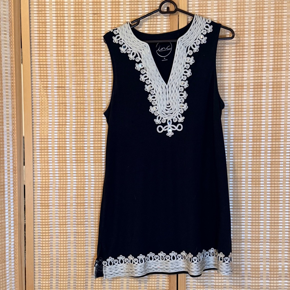 INC International Concepts Black Pima Cotton Soutache Tunic Top XL Bohemian